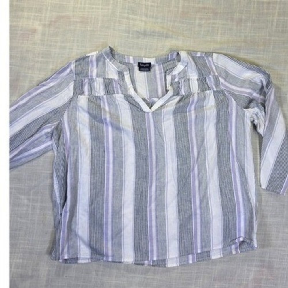 Splendid Womens Striped V-Neck Blouse Purple Grey White Long Sleeve Size Medium